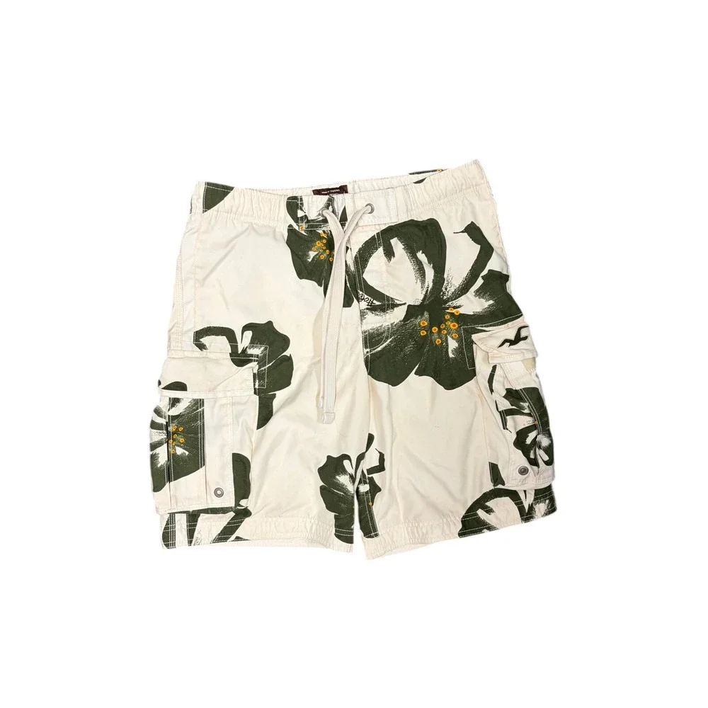 Hollister Mens Cargo Swim Trunks White Green Floral‎ Hibiscus Board Shorts Small